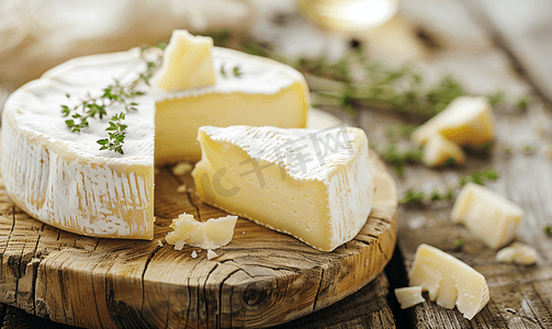 木板菜摄影照片_木板和木质背景上的奶酪