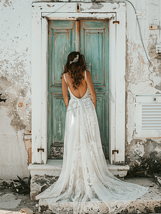 新娘站在老门前