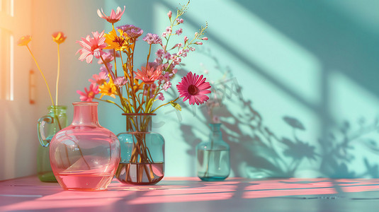 霓虹彩色玻璃花瓶摄影照片