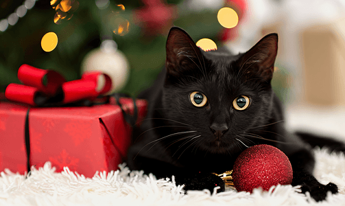 虎生日摄影照片_圣诞黑猫与圣诞礼物