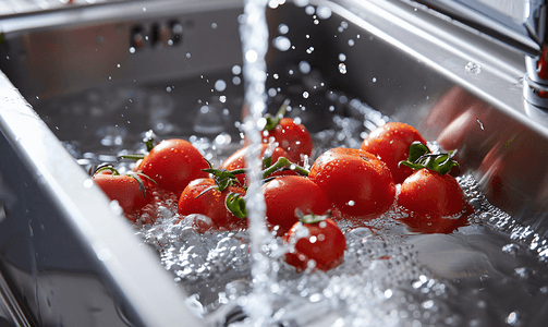 新鲜的红番茄在厨房水槽里用水清洗