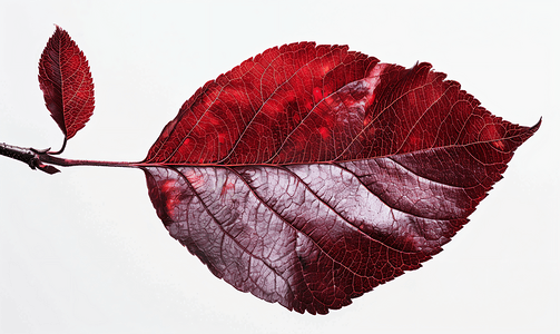深红色背景摄影照片_深红色的秋天的苹果树上的叶子被隔离