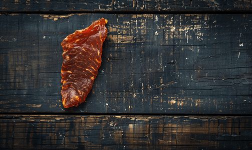 美味肉干摄影照片_肉片深色木质背景上放着一块干肉