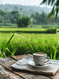 木桌上有报纸的咖啡杯和稻田背景