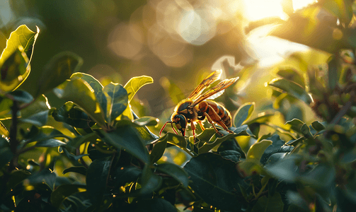 黄蜂摄影照片_一只大黄蜂躲在树荫下的灌木丛中阳光在背景中闪耀