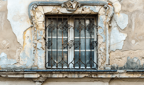钢带防水摄影照片_带格栅的窗户旧建筑窗户上的钢筋