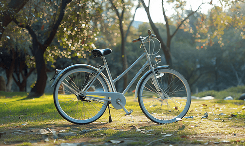 白色自行车停在公园晨间健身孤独
