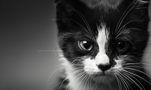 黑色小猫摄影照片_黑色和白色小猫脸愤怒的宠物