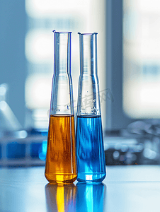 液体实验室背景摄影照片_有蓝色和橙色化学液体的科学实验室试管