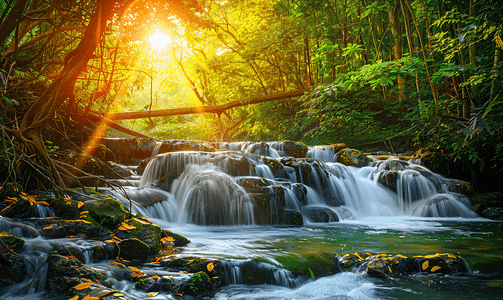 壶口瀑布手绘摄影照片_热带森林山上森林里的瀑布