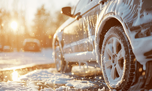 手册摄影照片_户外常规洗车时车辆被白色肥皂泡沫覆盖汽车用肥皂清洗