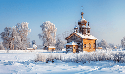古摄影照片_冬季苏兹达尔的木制圣尼古拉斯教堂