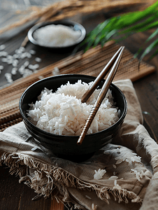 用筷子把煮熟的米饭放在麻袋里