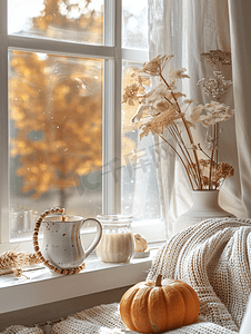 设计组合摄影照片_舒适的秋季组合毛衣天气南瓜热茶和窗上的毛衣