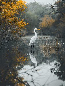 白鹭摄影照片_秋天的早晨德克萨斯州一只白鹭站在平静的池塘里