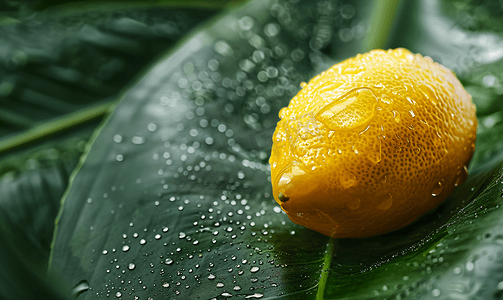黄色活力背景摄影照片_绿色背景下龙舌兰叶子上鲜黄柠檬的特写