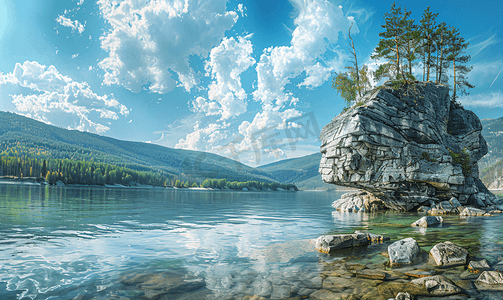 ai光线摄影照片_山湖上令人惊叹的景观有一块大岩石垂直景观