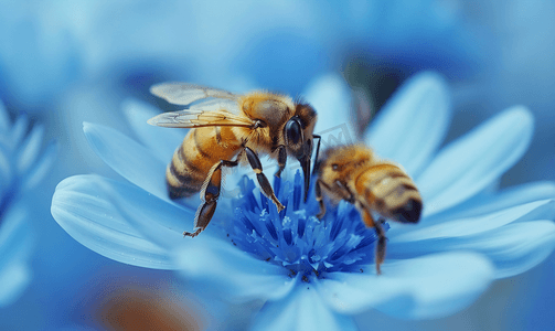 蜜蜂在蓝花上采集花蜜来自大自然的忙碌昆虫蜜蜂蜂蜜
