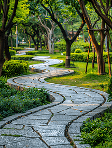 花园中沿石栏的曲线步道