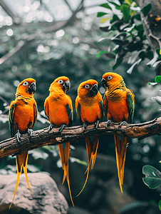 动物园里一群太阳锥尾鹦鹉聚在一起抓着树枝