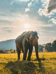 大象耳朵摄影照片_阳光下的亚洲象