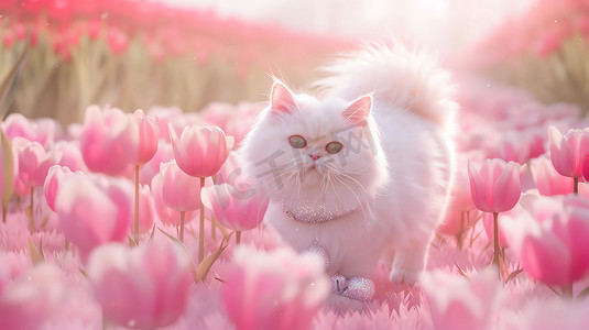 花丛可爱猫咪白云摄影照片