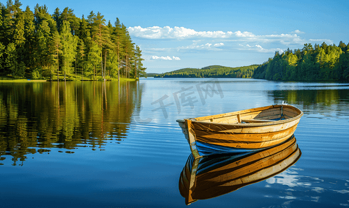 瑞典小地蓝水阳光明媚的天空森林湖上的一艘渔船