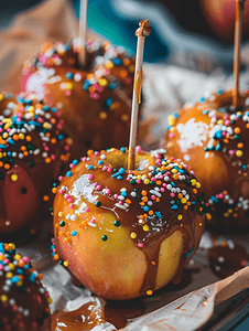 光明冰砖摄影照片_焦糖苹果和洒街头食品
