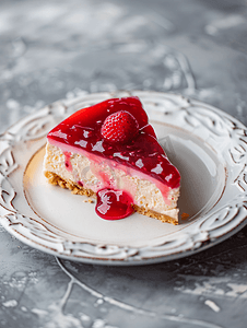 自制饮料摄影照片_白盘上的草莓果冻芝士蛋糕自制烘焙概念