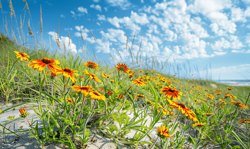 可爱的太阳摄影照片_德克萨斯州罗克波特沙丘上生长的天人菊和雏菊