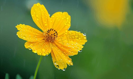 被雨滴压垮的黄色波斯菊