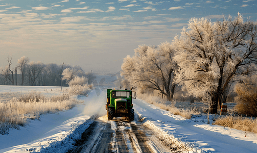 太阳表面摄影照片_冬雪路刷绿耕地