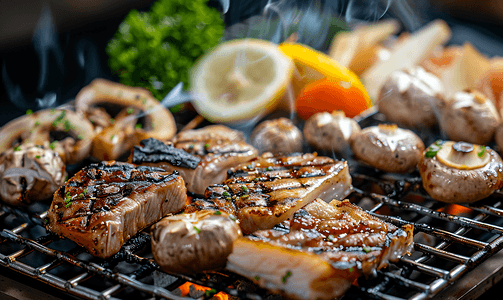 韩式烧烤猪肉海鲜蘑菇和蔬菜