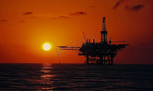 日落时的海滩石油钻井平台
