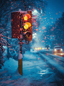 雪夜里的交通灯
