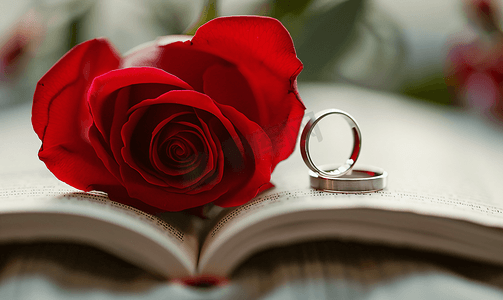 214情人摄影照片_结婚戒指书页弯曲心形红玫瑰