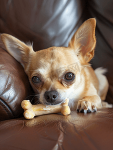 一只吉娃娃狗在皮沙发上啃骨头狗吃东西