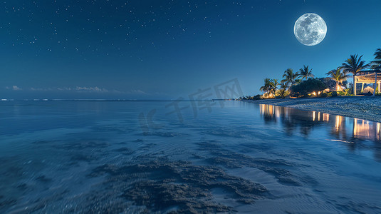 海洋夜晚月亮波浪摄影照片