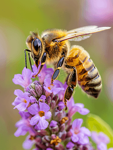 草地蜜蜂摄影照片_一只小蜜蜂坐在紫色小野花上的特写