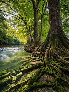 落羽杉树的根似乎流入河中
