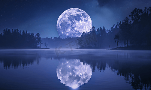公益人物剪影摄影照片_夜晚神秘森林湖上的满月
