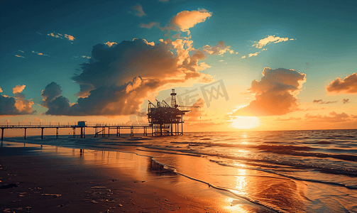 日落时的海滩石油钻井平台