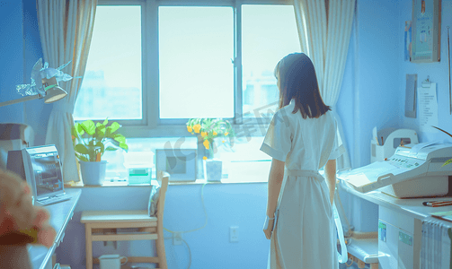 护士病人摄影照片_护士检查室靠窗户测量女孩的身高