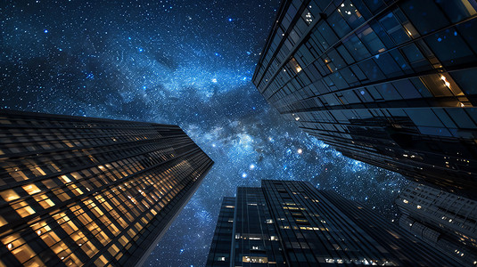 星空星河星球摄影照片_城市夜晚星空高楼摄影照片