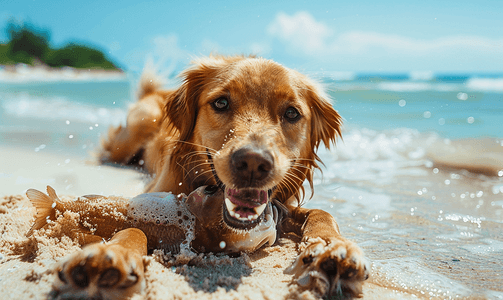 棕色有趣的狗在墨西哥海滩玩耍死鱼