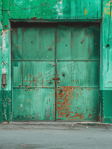 抽象建筑图案摄影照片_建筑内部的当地复古亚洲钢制绿色门