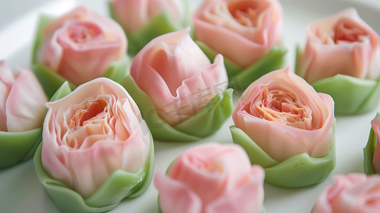 精致粉色摄影照片_精致的粉色花朵甜品图片