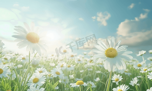 黄色的菊花摄影照片_绿色草地上美丽的白色甘菊雏菊花田