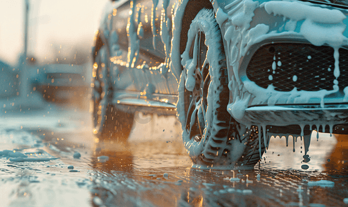户外常规洗车时车辆被白色肥皂泡沫覆盖汽车用肥皂清洗