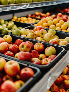 储存食品摄影照片_商店里的苹果抽屉里有很多苹果新鲜水果